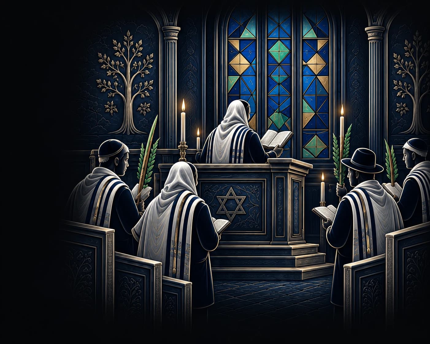 An engraved illustration of a congregation gathered in prayer, in silver and navy beneath jewel-toned stained glass.